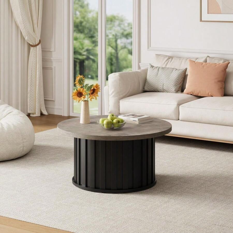 Mesa de centro redonda moderna - Diseño acanalado mid century con base metálica - 81 cm, ideal para salón, espacios pequeños y apartamentos - 50-90cm - Ver 1
