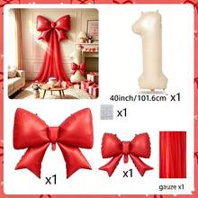 Red Bow Milk White Number Balloon 0-9, Red Chiffon Bow Balloon, Used For Bridal Shower, Anniversary, Birthday Decoration, Photo Props, Valentine's Day, Theme Party - Red Bow Cream Number Balloon - View 19