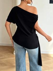 Áo blouse màu trơn dây rút bèo nhún cổ bất đối xứng, đi tiệc hẹn hò buổi tối - màu đen - Xem 5