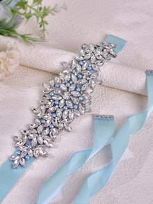 1pc Fashion Bridal Wedding Dress Belt, Light Blue Pearl Decoration, Handmade Rhinestone Waistband, Suitable For Party, Banquet Dress Waist Accessory - Blue Ribbon - View 9