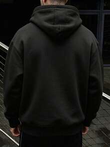 Men's Casual Solid Color Drawstring Plus Size Sweatshirt, Spring/Autumn Thin Style, Loose Fit 1XL-6XL, Suitable For Heavier Body Types - Black - View 2