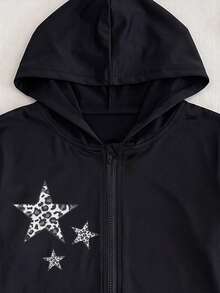 Lurzo Áo khoác cardigan có mũ phong cách Y2K cho bé gái, dáng ngắn, họa tiết sao, khóa kéo, co giãn cao thoáng khí, phong cách retro Y2K, mặc hằng ngày, dã ngoại, đi học và chơi thể thao - màu đen - Xem 8