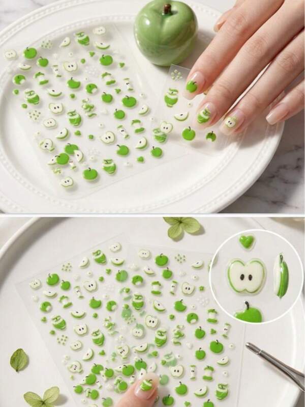 2 Sheets 5D Cute Apple For Nail Stickers - Spring And Summer Cartoon Fruit Design, Sweet Charm, Self-Adhesive Plastic Decals, Suitable For Nail Art, Odorless, Single Use, Fruit Decoration