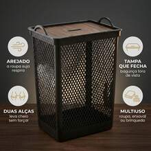 Black Mesh Multipurpose Laundry Basket 49L With Lid And Wooden Label - Negro - Ver 3