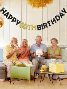 1pc Black & Gold Glitter 40th/50th/60th/70th/80th Happy Birthday Banner For Birthday Party Decoration - Black Gold - View 4