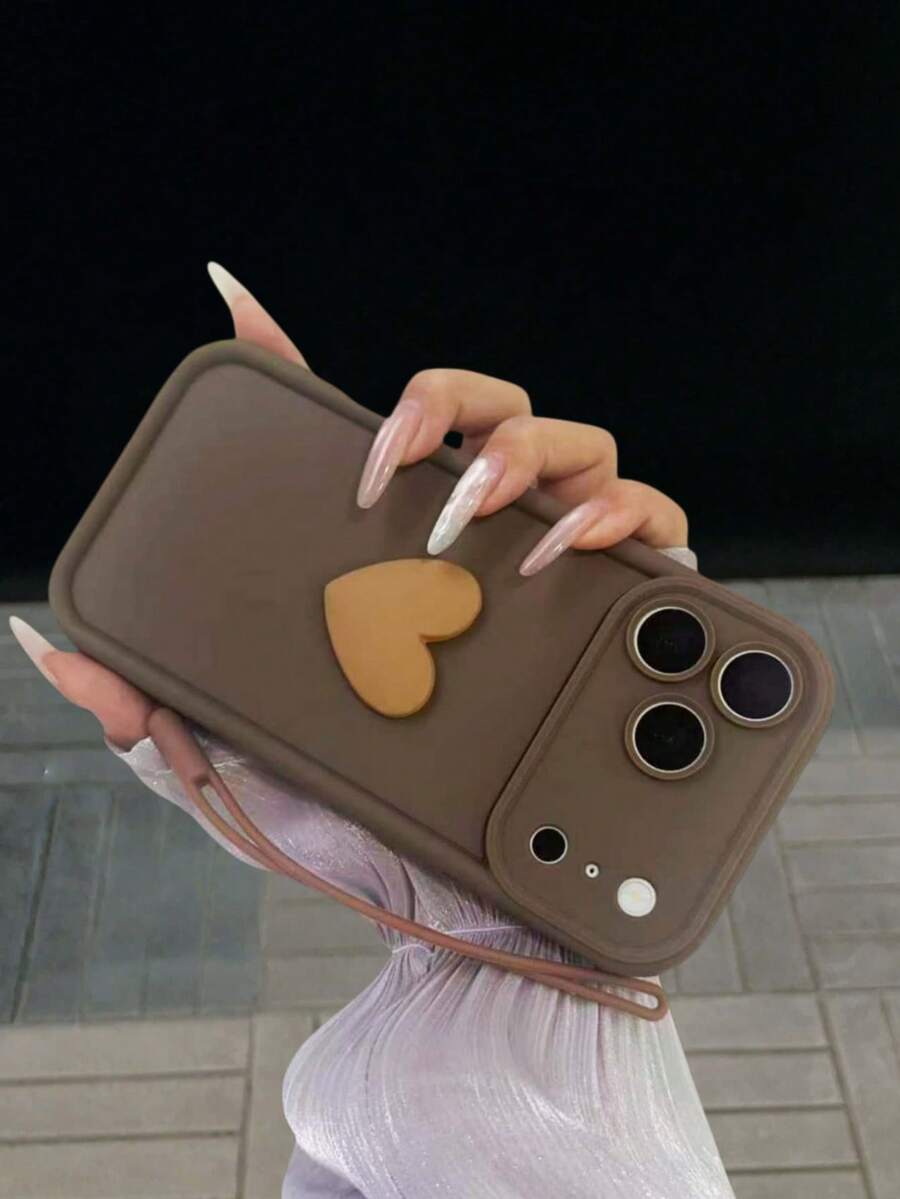 高品質磨砂棕色 TPU 手機殼，附 3D 愛心裝飾與極簡棕色腕帶，百搭日常手機配件，防震相機保護殼，純色磨砂手機殼，相容 S24 S25 Ultra S24 Plus A12 A13 A14 A23 A52 A34 A54 S20 FE S21 FE S23 Ultra 及 Apple 17 17 Air 17 Pro 17 Pro Max