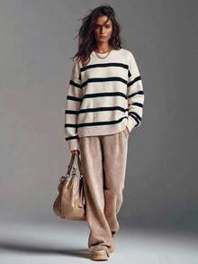 Black & White Contrast Crew Neck Loose Pullover Sweater, Women's New Spring/Autumn/Winter Minimalist Casual Commute Knit Top - Black and White - View 2