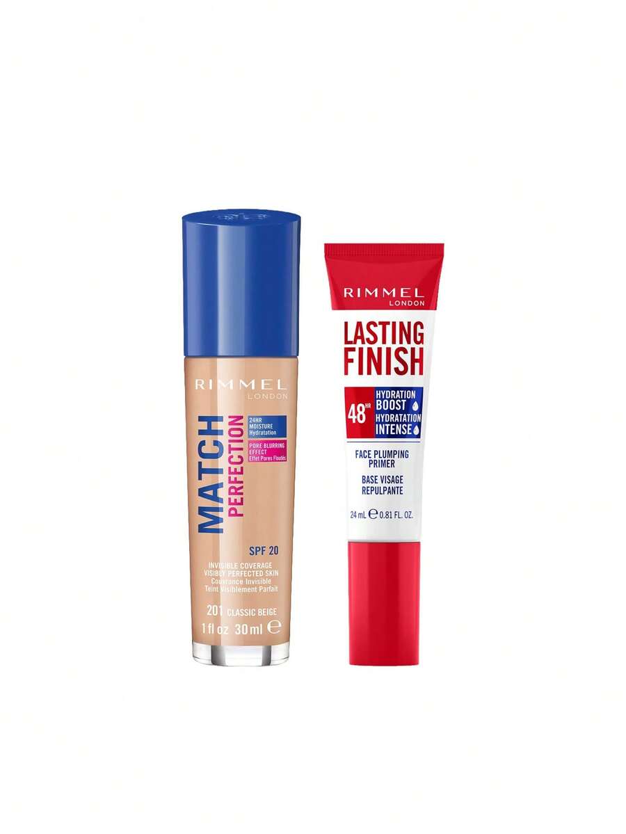 Rimmel [حزمة] كريم أساس Match Perfection Classic Beige 201 Cool 30 مل + برايمر Lasting Finish 48HR Hydration Boost 24 مل - 201 بيج كلاسيكي بارد + شفاف - مشاهدة 1
