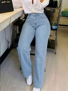 Women's Casual Straight Leg Denim Jeans With Pockets And Buttons Fall - Light Wash - View 1
