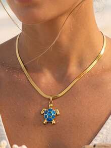1pc Ocean Beach Style Women's Necklace, Stainless Steel Blade Chain Blue Sea Turtle Pendant Necklace Jewelry, Fashion Minimalist Suitable For Daily Wear, Vacation, Layering Accessory - Multicolor - View 1