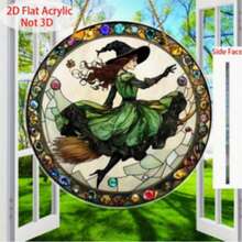 2D Flat Vintage Style Witch Broom Decorative Hanging Ornament - Round Faux Stained Glass Effect Hanging Decor, No Power Required, Suitable For Windowsill, Office, Bar, Farmhouse - Perfect Halloween Gift, - A - View 1