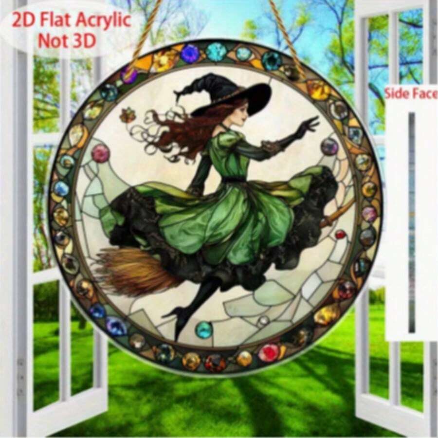 2D Flat Vintage Style Witch Broom Decorative Hanging Ornament - Round Faux Stained Glass Effect Hanging Decor, No Power Required, Suitable For Windowsill, Office, Bar, Farmhouse - Perfect Halloween Gift, - A - View 1