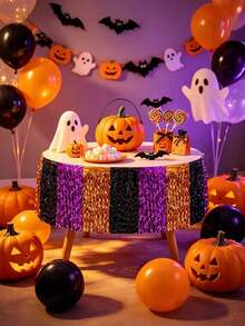 1pc Halloween Rainbow Tassel Table Skirt, Halloween Party Decoration, Orange Purple Black Wavy Metallic Foil Trim Table Skirt, Perfect For Rectangular Or Round Dining Table Decoration, Halloween Birthday Home Indoor Outdoor Party Supplies, Party Supplies Halloween Decoration - View 3