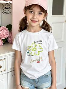Summer & Autumn Girls' Cotton Short Sleeve T-Shirt, Cute Sweet Girly Preppy Style With Fun Printed Graphics - White - View 2