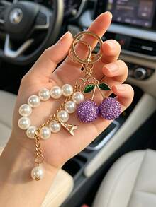Full Diamond Cherry Keychain, Rhinestone Lanyard Design, Girly Pearl Heart Pendant, Versatile Bag & Car Key Chain, Delicate Gift For Women - Multicolor - View 15