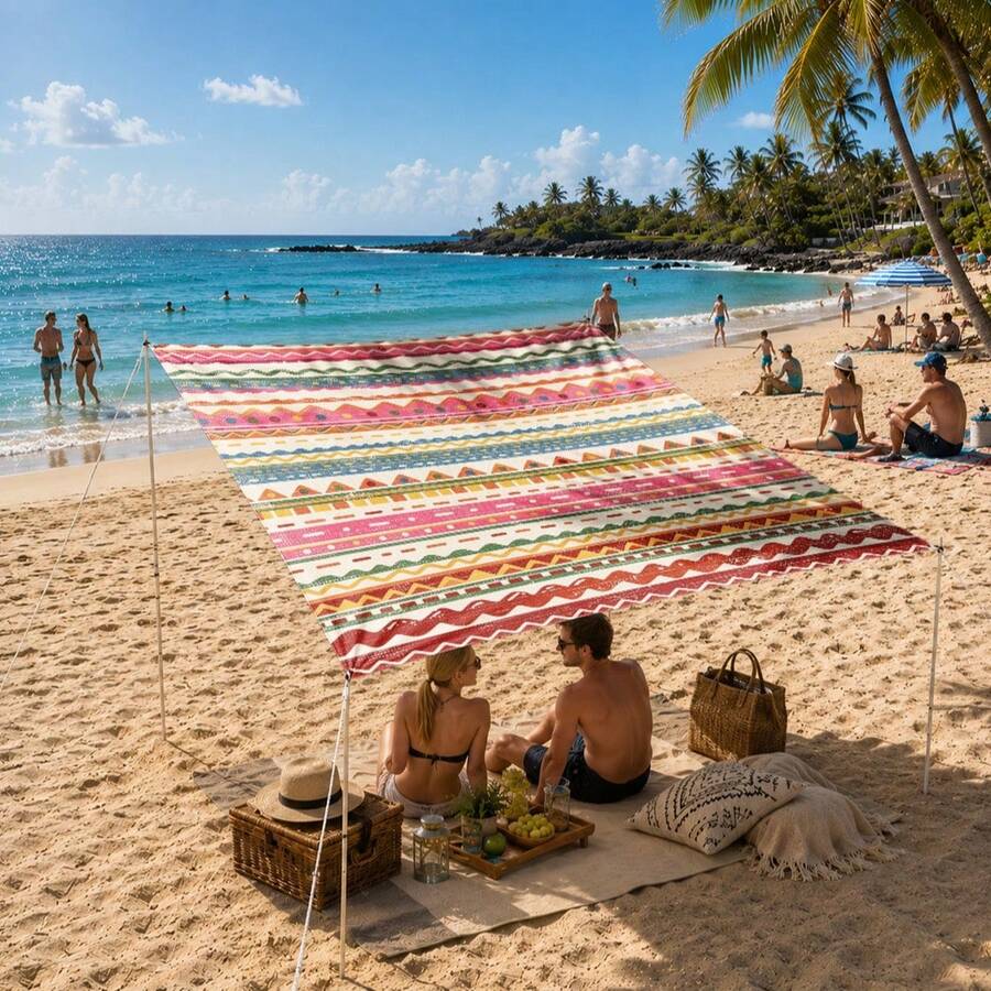Red Blue Yellow Bohemian Striped Sun Shade Sail, Outdoor UV Protection Sunshade Cloth, Large Size Patio Garden Terrace Sun Canopy, Easy Installation With Fixing Rope - Watermelon Pink - View 1