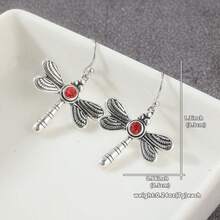 Vintage Bohemian Dragonfly Synthetic Ruby Dangle Hook Earrings, Silver Handmade Engraved Dragonfly Pendant Earrings, Symbolic Faith Jewelry - Silver - View 2