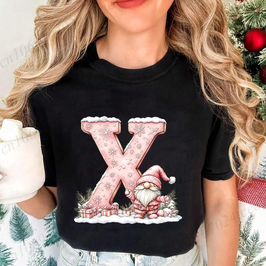 Maglietta Rosa Natalizia Donna 100% Cotone 180g Stampa Lettera Iniziale A Alfabeto A-Z, Stile Streetwear Casual, Perfetta Come Regalo Natalizio - 25 - View 1