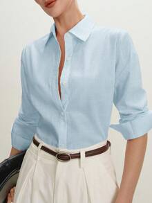 ABizChic Camisa de mujer verde haba, primavera con solapa, apertura frontal,  en capas, elegante minimalista casual para ir al trabajo, citas, uso diario, la  vintage francés, frescosss Q3JP - Celeste - Ver 8