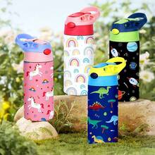 Yocity 1pc 12oz Stainless Steel Mug With Handle, Cute Cartoon Pattern Double Wall Water Cup With Lid And Straw, Suitable For Outdoor, Camping, Travel - Multicolor - View 6