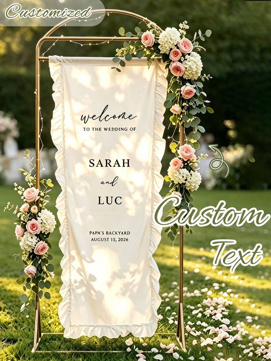 Personalized Ruffle Edge Wedding Welcome Sign Custom Text Printed Fabric Banner, Multiple Sizes Available, Suitable For Lawn Wedding Ceremony Entrance Decoration