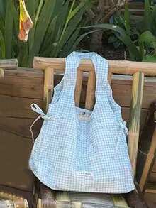 Japanese & Korean Style Niche Design INS Minimalist Fashion Plaid Fresh Bowknot Drawstring Shoulder Tote Bag For Commuting, Outings, Daily Shopping - Blue - View 2