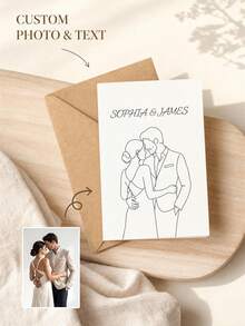 1pc Customized Couple Line Art Wedding Greeting Cards, Single-Line Sketch Blessing Cards For The Couple, Personalized Wedding Portrait Memo Cards, Minimalist Wedding Stationery, Customized Wedding Painting Cards. - Multicolor - View 1