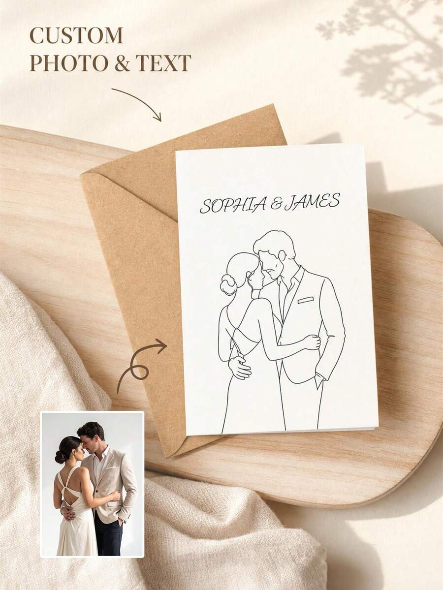 1pc Customized Couple Line Art Wedding Greeting Cards, Single-Line Sketch Blessing Cards For The Couple, Personalized Wedding Portrait Memo Cards, Minimalist Wedding Stationery, Customized Wedding Painting Cards. - Multicolor - View 1