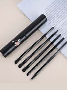 5pcs Portable Long Handle Eye Makeup Brush Set With Cylindrical Dust-Proof Storage Tube, Includes Detail Brush, Black Long Handle Eyeshadow Blending Brush, Angled Brow Brush And Fine Eyeliner Brush, Covering Eyeshadow Blending, Brow Filling And Precise Eyeliner Drawing Functions - Multicolor - View 4