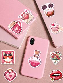 50 Peças Adesivos Decorativos de PP Vermelho para o Dia dos Namorados, Ilustrações Feitas à Mão de Corações, Caixas de Presente, Câmeras, Rosquinhas e Gatos, Para Colagem de Diário, Cartão Kuka, Garrafa de Água, Bagagem, Decoração DIY do Dia dos Namorados, Suprimentos Escolares, Volta às Aulas - Multicolorido - Visão 7