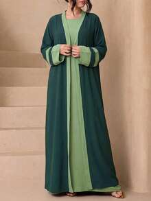Fashionable Versatile Ice Silk Crinkled 4-Piece Set Women's Elegant Sleeveless Long Robe + Abaya Cardigan Long Robe + Scarf + Waist Rope Set, Soft Skin-Friendly Sun Protection Muslim Clothing Shawl - Green - View 7