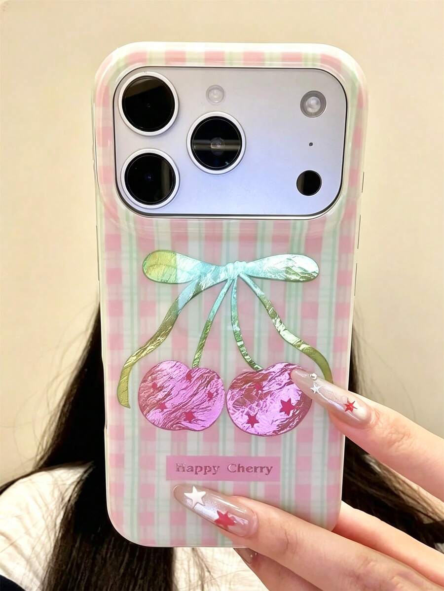 Casing Ponsel Motif Kotak-kotak Pita Ceri Lucu Y2K Kompatibel dengan iPhone 17 Pro Max 17 Pro 17 16 Pro Max 16 Pro 16 15 Pro Max 15 Pro 14 Pro Max 14 Pro 13 12 Pro Max 11 Penutup Belakang Tekstur Laser Tinfoil - Ceri Berkotak-kotak - View 1