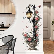1pc Rose Flower Street Lamp Wall Decor Mural Sticker, Removable Plant Floral Farm Flower Column Wall Decal, Bird & Flower Home Decor Sticker - 49021-fHYM - View 5