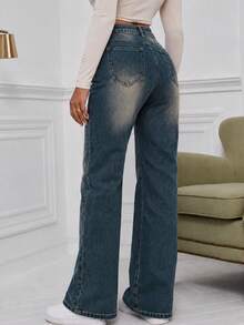 Damen Vintage Distressed Denim Jeans, Y2K Stil Lässig Gerade Beine Hose, Knopf Detail Design, Leicht Dehnbar, Bequem zu Tragen - Blau - Übersicht 3