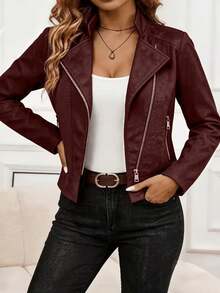 Women's Plus Size Faux Suede Motorcycle Jacket, Fashion Zipper Style Biker Jacket, Suitable For Autumn/Winter Wardrobe - Burgundy - View 4