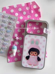 1pc White Background Pink Polka Dot Pink Rabbit Cartoon Pattern Electroplated Silver Frame Large Window Glossy Soft Shell Full Coverage Anti-Drop Lens Protection No Lanyard Accessories Phone Case Compatible With All Apple Models Retro Korean Girly Ins Style - Silver - View 3