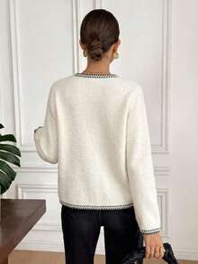 Elegant Women's Ivory Knit Cardigan With Long Sleeves, Round Neck, Contrast Piping, Patch Pockets, And Button Front For Fall And Winter Outfits - White - View 5