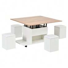 Height-Adjustable Coffee Table, 3-In-1 Multifunctional Table, Living Room Table With Storage, Convertible To Living Room Dining Table, Work Table With Wheels And 4 Stools, 100x50x48 Cm, White + Wood Tone - 自然色 - 查看 8