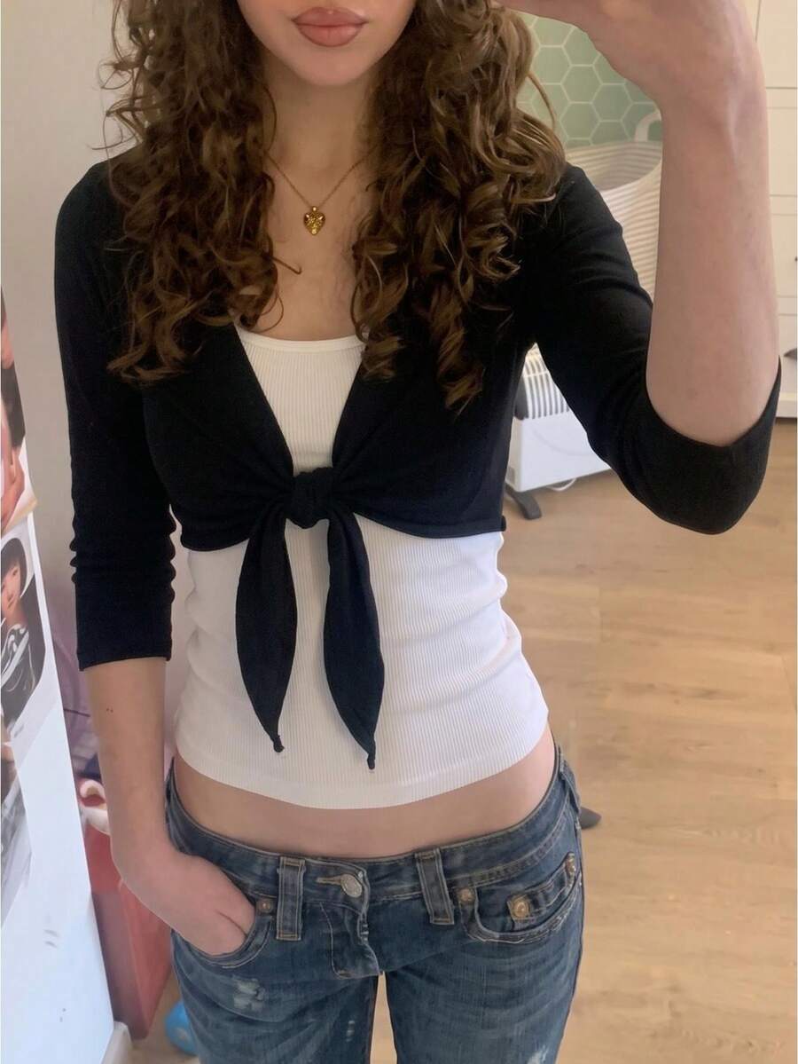 Women Y2K Ribbed Deep V Front Tie Crop Top, Three Quarter Sleeve Slim Fit Solid Color Casual Cropped Blouse - Black - View 1