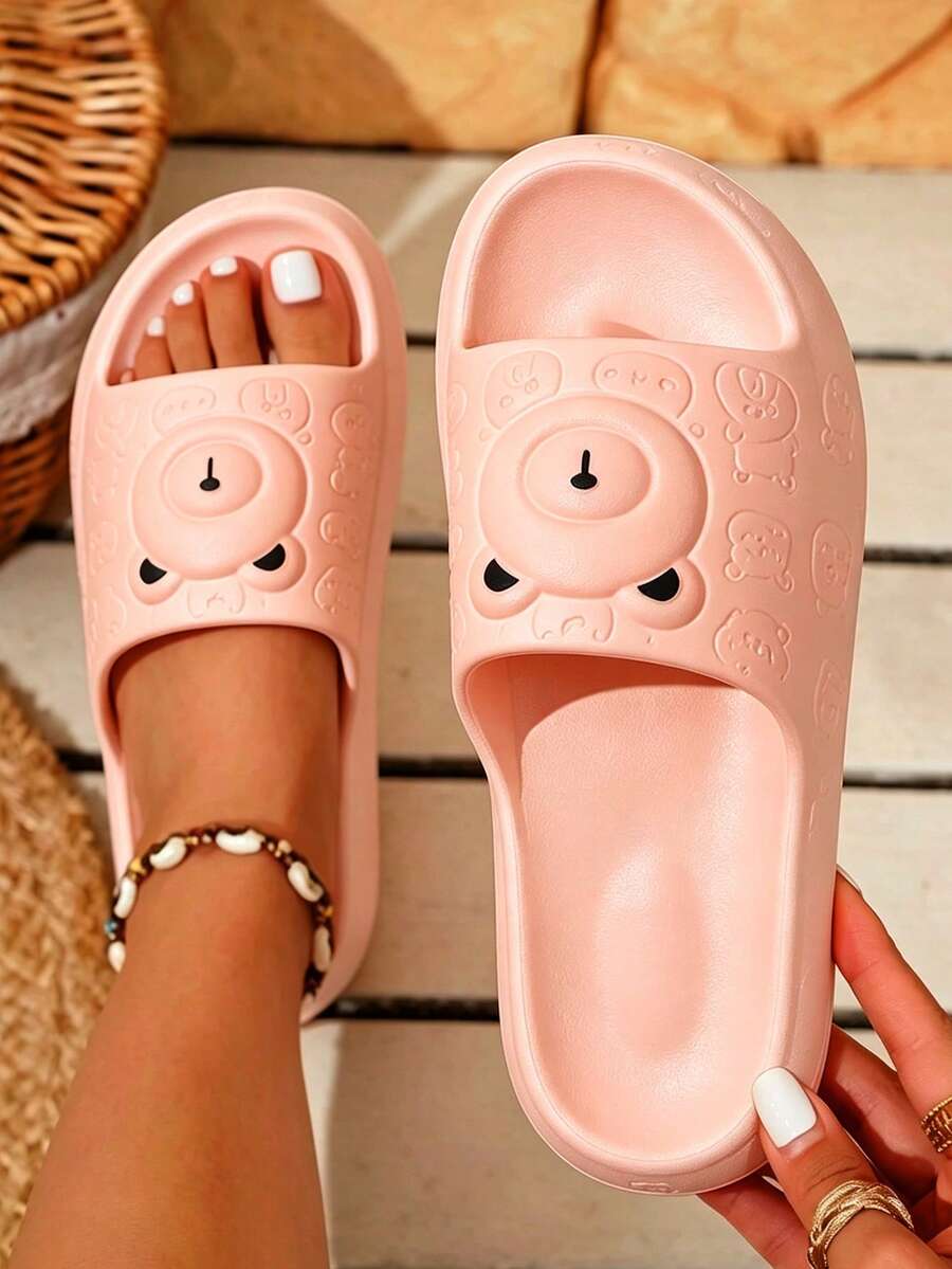 All-Over Print Cartoon Bear Non-Slip Slippers For Men And Women, Skin-Friendly Soft EVA Material, Odorless, Durable Sole, Thick Platform Height-Increasing Slides For Home, Hotel, Bathroom And Guest - Pink - View 1