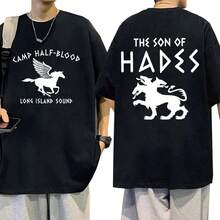 Men's Crew Neck T-Shirt, Casual Streetwear, Cotton, Retro, With Camp Half Blood Graphic - Black - View 1