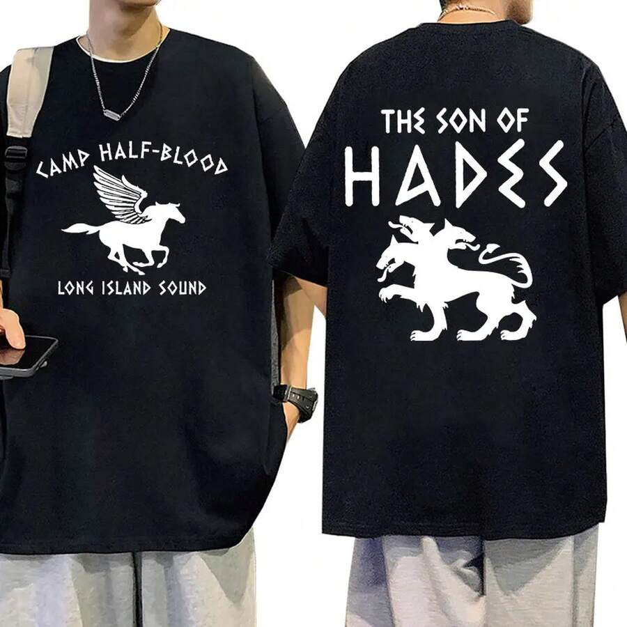 Men's Crew Neck T-Shirt, Casual Streetwear, Cotton, Retro, With Camp Half Blood Graphic - Black - View 1