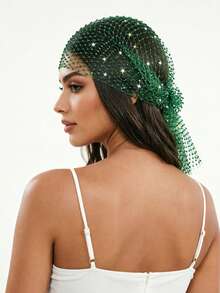 1pc Rhinestone Fishnet Headscarf, Crystal Fishnet Headwrap, Sparkling Rhinestone Mesh Long Tail Hair Cap, Party Bridal Styling Headpiece, Elastic Hairband, Luxury Black Rhinestone Mesh Headwrap Scarf - A - View 8