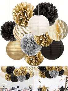 11pcs/33pcs Black & Gold Pom Pom Lantern Party Decorations - Black Gold - View 1