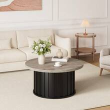 Mesa de centro redonda moderna - Diseño acanalado mid century con base metálica - 81 cm, ideal para salón, espacios pequeños y apartamentos - 50-90cm - Ver 2