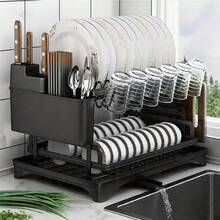 Escurridor de platos de 2 niveles con bandeja de drenaje - Escurridor de platos de metal grande con bandeja de drenaje, estante para vasos, soporte para utensilios y sistema de drenaje adicional - Accesorio de cocina para un secado y organización eficiente de platos - Multicolor - Ver 1