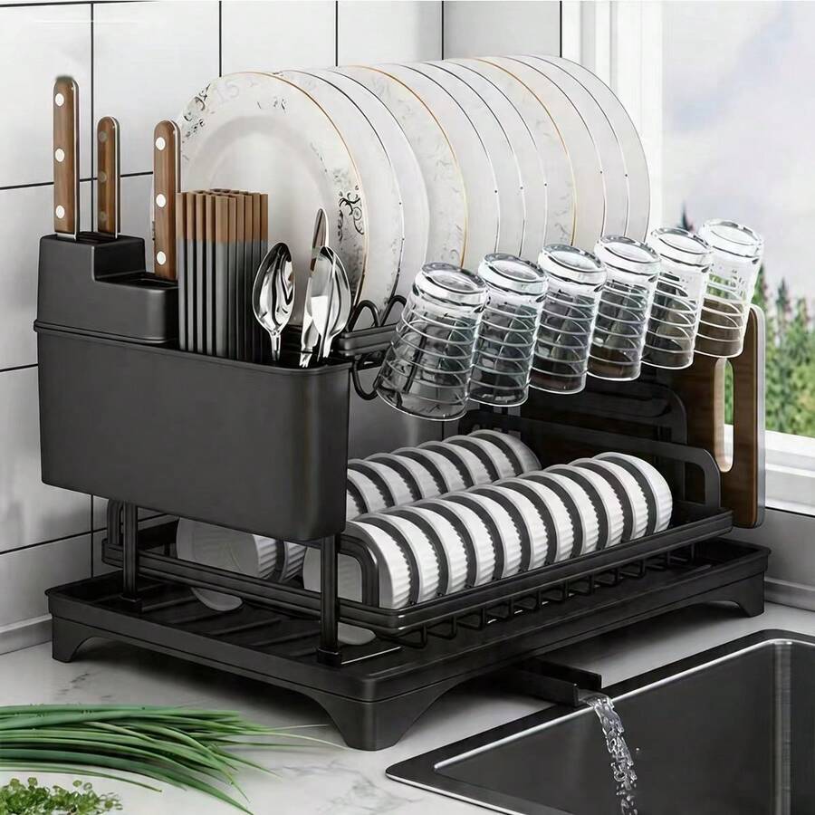 Escurridor de platos de 2 niveles con bandeja de drenaje - Escurridor de platos de metal grande con bandeja de drenaje, estante para vasos, soporte para utensilios y sistema de drenaje adicional - Accesorio de cocina para un secado y organización eficiente de platos - Multicolor - Ver 1