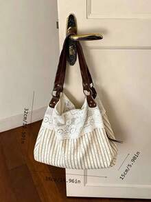 2026 New Summer Mori Style Vintage Lace Floral Plaid Patchwork Fabric Tote Bag For Women, Versatile Shoulder Handbag For Commuting - White - View 7