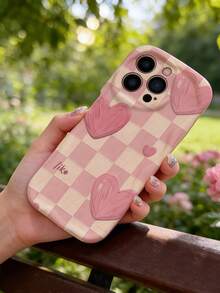 1 pieza Funda de teléfono con textura suave de TPU, diseño creativo y personalizado de onda de dopamina con volantes, patrón de tablero de ajedrez rosa con corazón, compatible con Galaxy S21 S22 S23 S24 S25 S26/Honor/ y talla grande modelos - Blanco - Ver 4