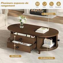 Oval Coffee Table With Two Sliding Doors, Rounded Corners, Sofa Table With Storage Space, Side Table With Central Storage Area, Made Of Wood, MDF, Walnut Color (100*50*36 Cm). - Multicolor - View 2
